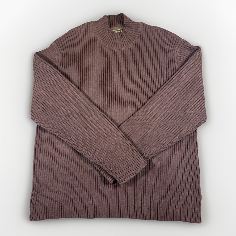 Eddie Bauer Men's XL Rib Knit Cotton Sweater Mock Neck Brown Textured Pullover